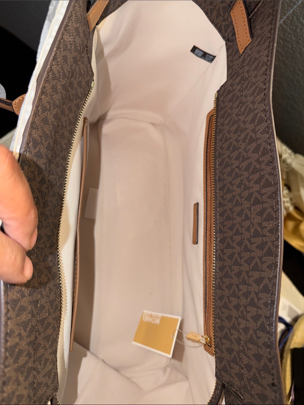 Michael Kors Brown MK Logo Tote with Tan Leather Accents - Picture 2 of 6